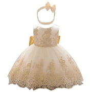 JSCDRPDWL Flower Girl Dress Girls Baby Bow Tie Puffy Lace Princess Dress Wedding Gown Dresses for Girls Baby Girl Clothes 0-3 Months Beige 3 Years